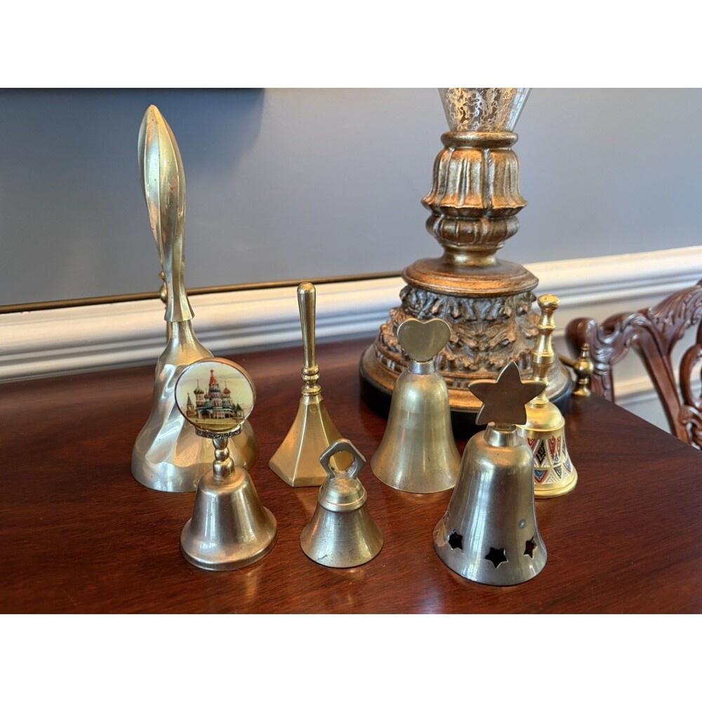 Vintage Lot of 7 Brass Bells Some Solid  Hand Service Souvenir Bells  8"- 2.5"